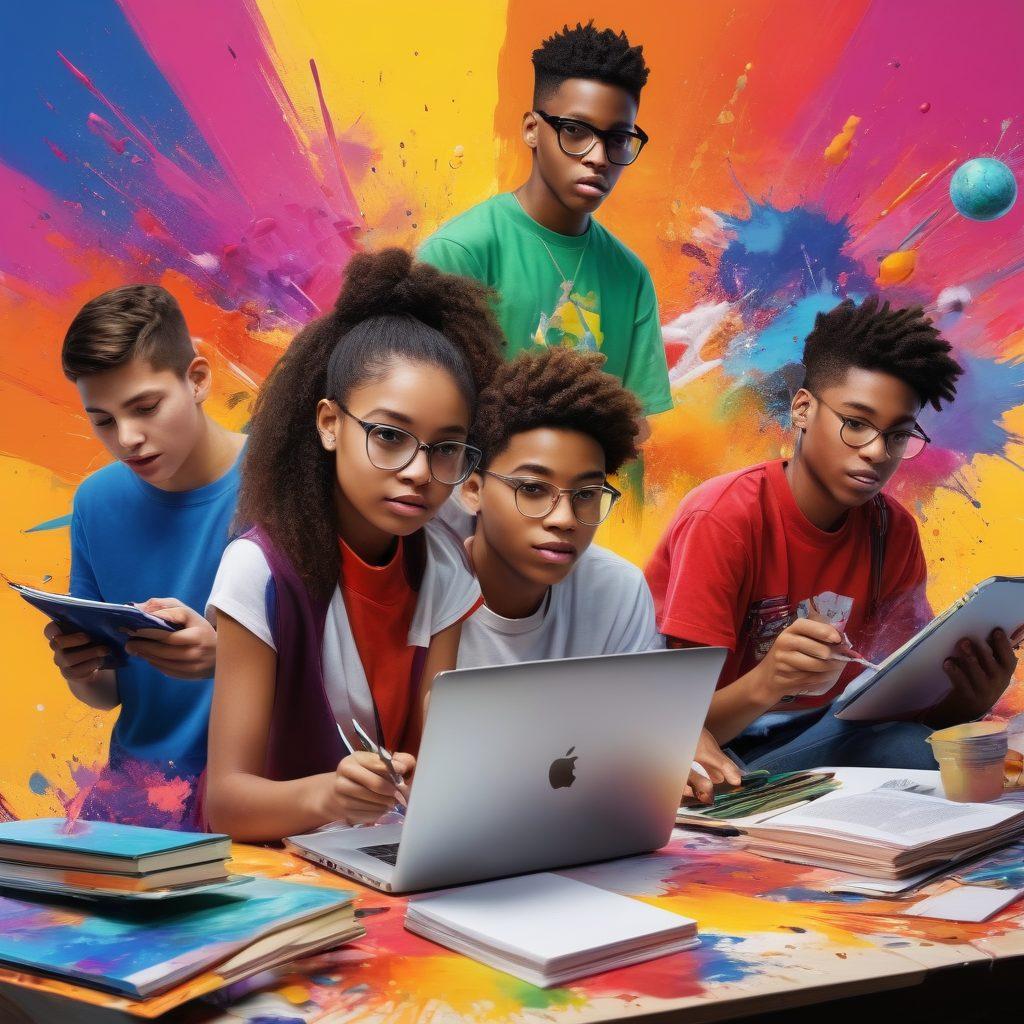 A vibrant and dynamic collage featuring a diverse group of enthusiastic teens engaged in various activities such as reading, coding, sports, and art. Elements like books, computers, sports equipment, and paintbrushes intertwine, symbolizing the exploration of essential resources. The background is a colorful blur that represents energy and creativity, reflecting the essence of teenage life. The overall composition is lively and engaging, appealing to a youthful audience. super-realistic. vibrant colors.