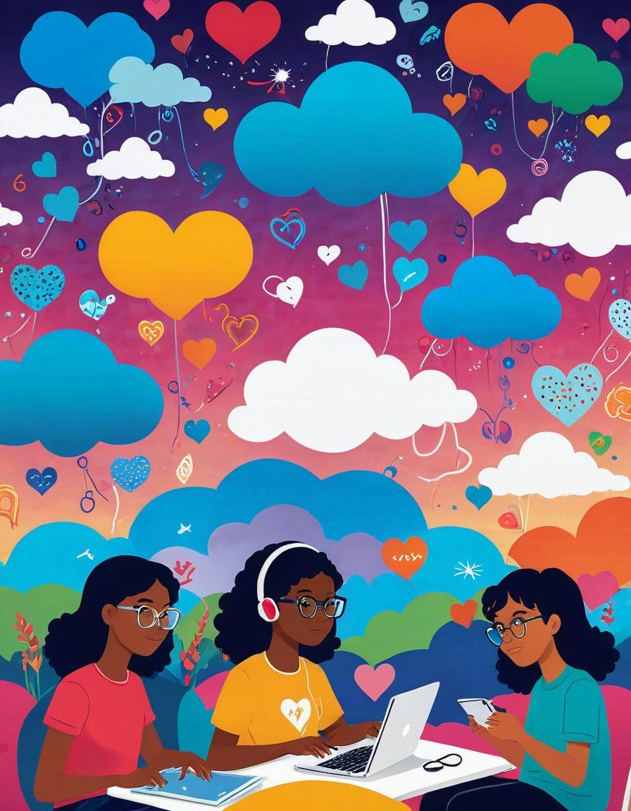 A vibrant digital space filled with animated illustrations of diverse teens engaging in various online activities, surrounded by colorful resource icons and supportive community symbols like hearts and chat bubbles. The background should evoke a sense of exploration and connection, with floating clouds and playful elements representing tech and creativity. This image should convey a sense of inclusivity and excitement. vibrant colors. digital art.