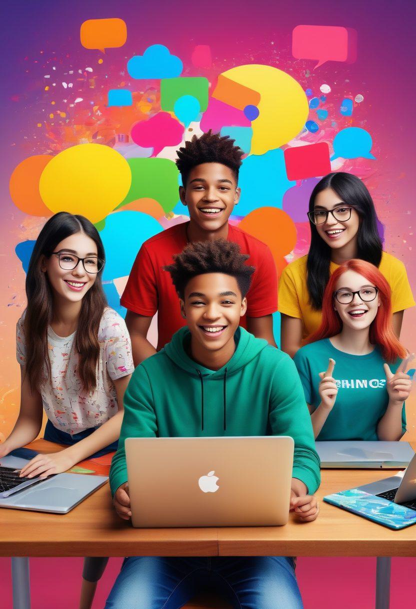 A vibrant digital collage depicting a diverse group of enthusiastic teens engaging in online support activities. Include elements like colorful speech bubbles, laptops, and tablets showcasing social media and chat icons. Emphasize connection and collaboration with dynamic hand gestures and smiles. Incorporate a bright, welcoming background filled with abstract patterns to symbolize a hub of creativity and support. super-realistic. vibrant colors. 3D.